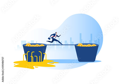 Businessman run from leaking bucket invest concept. Vector illustration.