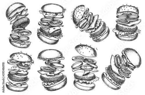Flying burger ingredient hand drawn sketch. Hamburger, cheeseburger, sandwich with flying bun, meat cutlet, mustard, tomato, cheese, onion, sesame vector illustration isolated on white background