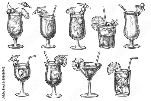 Cocktail bar menu with long drink in glass hand drawn sketch. Popular alcoholic and non-alcoholic iced beverage in glassware with decoration doodle vector illustration isolated on white background