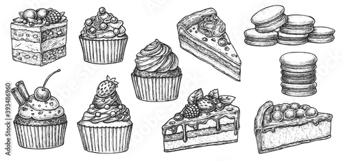 Sweet bakery dessert with cupcake, cake and macaroon sketch. Hand drawn pastry with cream filling, chocolate glaze topping, fruit and cinnamon spice vector illustration isolated on white background