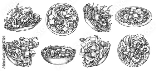 Healthy fresh vegetable salad in bowl and plate sketch. Hand drawn diet vegetarian mix with greens and veggie ingredient food ingredient in dish vector illustration isolated on white background