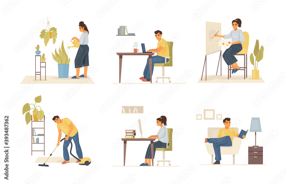 Stay home on quarantine. Man and woman are sitting at home, working online, cleaning house, vacuuming, watering flowers, doing creative work. Self isolation concept