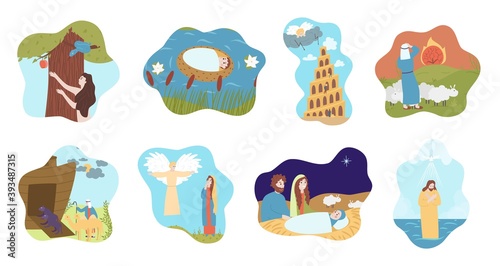 Bible narrative composition set with legendary character. Eight different biblical Christian religion story doodle cartoon scene from beginning to end vector illustration isolated on white background