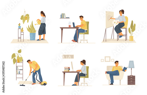 Stay home on quarantine. Man and woman are sitting at home, working online, cleaning house, vacuuming, watering flowers, doing creative work. Self isolation concept