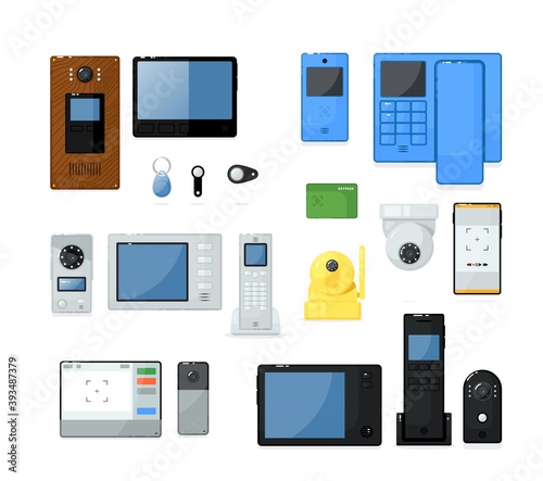 Video intercom on-door communication equipment for house set. Security camera, voice speaker, magnet key and keypad, access display panel, telephone vector illustration isolated on white background