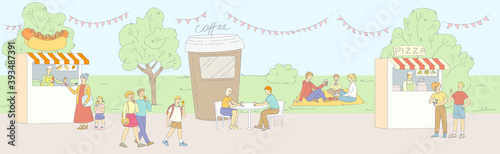 Street food festival event. Group people eating ice cream fast food, buying coffee at kiosk. Family elderly kid resting outdoors in park market walking between vans. City park restaurants flat