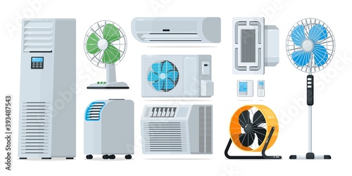 Air conditioner heating and cooling household appliance set. Floor, wall-mounted, home and industrial fan, conditioner, thermostat for climate control vector illustration isolated on white background photo