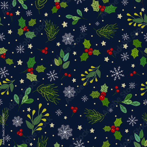Christmas cherries and leafs, white snowflakes, with gold stars, flat vector illustration, over dark blue background, seamless pattern 