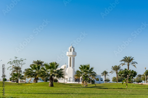 A common small mosque, Al Essa and Al Dowayan Mosque, with palm tree in the corniche coastal park in Dammam, Kingdom of Saudi Arabia photo