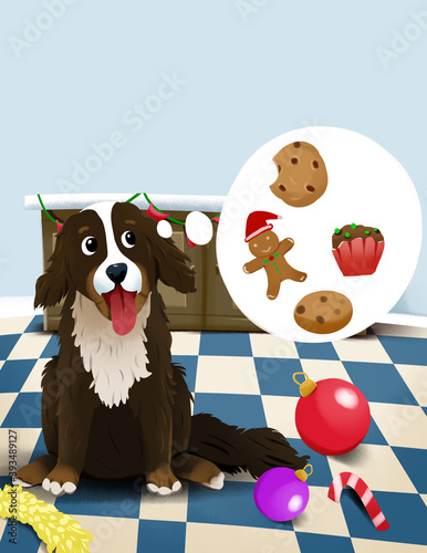 cute illustration of bernese mountain dog thinking about christmas cookies. Children's books. Dog illustration