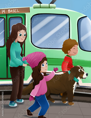 children, mother and a dog walking the streets of the train station. Cute illustrations