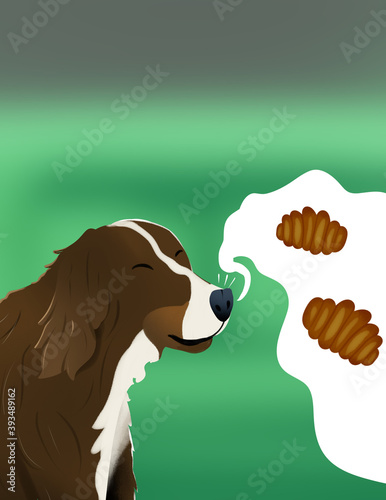cute illustration of bernese mountain dog thinking about cookies. Children's books. Dog illustration