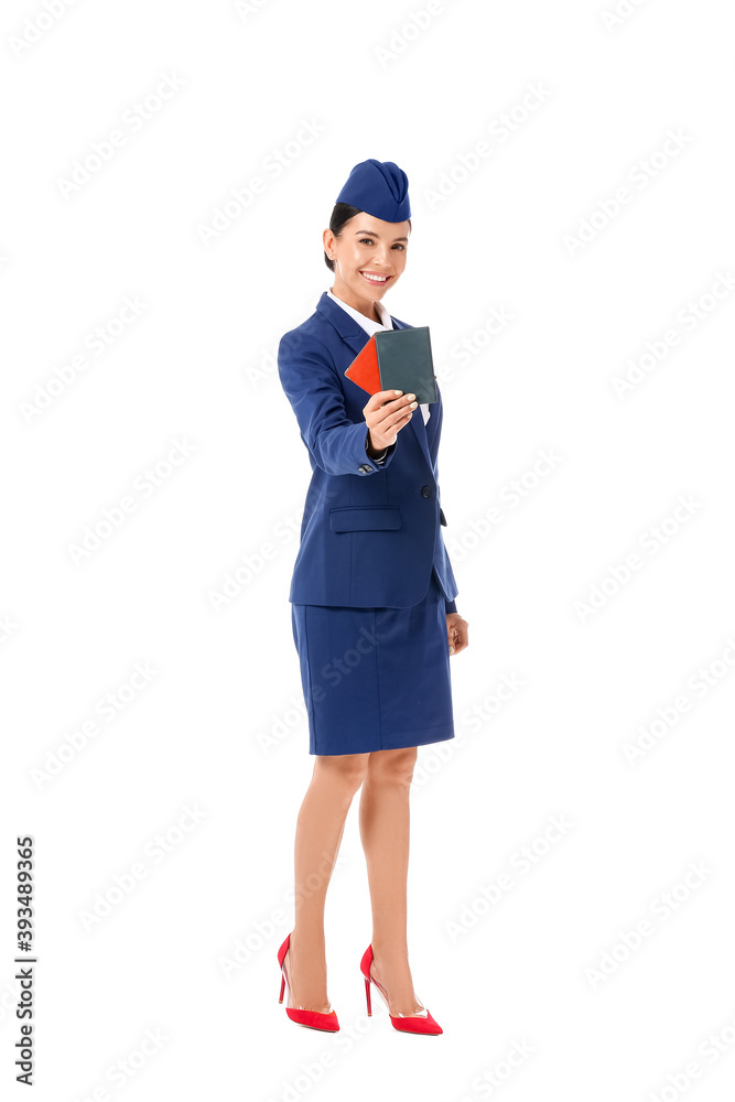 Beautiful stewardess with documents on white background Beautiful stewardess with documents on white background