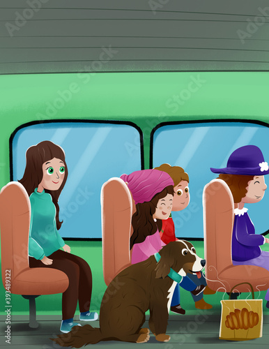 mothers and children sitting in the tram train. Illustration of cute children's book
