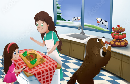illustration of mother and daughter decorating a Christmas cake in the kitchen with a bernese dog. Children's books. Children illustration