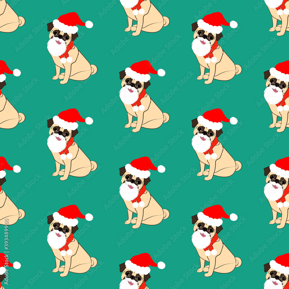 Pug in christmas costume vector seamless pattern