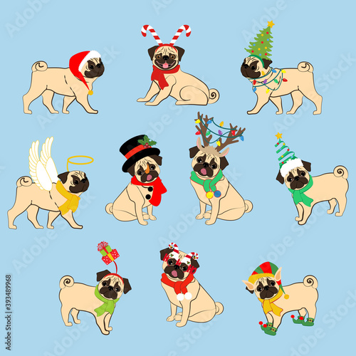 Pug dogs in christmas costume vector illustration