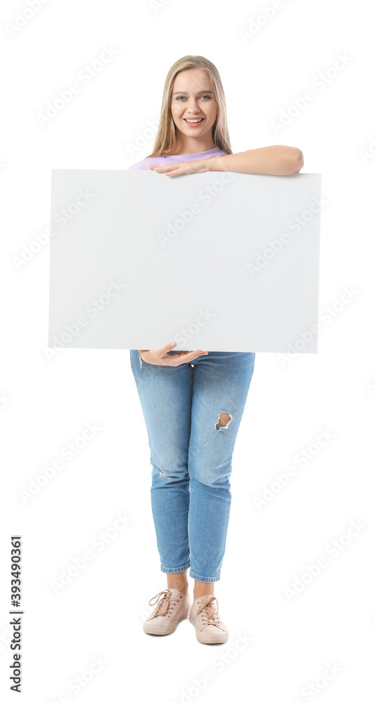 Beautiful young woman with blank poster on white background Beautiful young woman with blank poster on white background