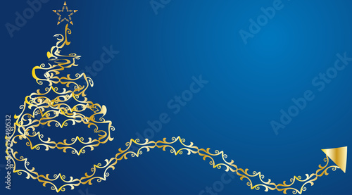 Fondo azul con pino dorado hecho de trazos.