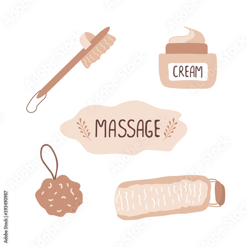 Organic products for body massage. Exfoliation skin and cellulite massage. Bath time. Morning routine. Vector illustration in cartoon style.