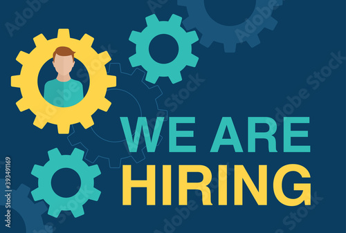 We are hiring (Join our team) poster. Candidate avatar in gear form as missing part of mechanism - motivation of formation of a working team - recruitment hiring banner