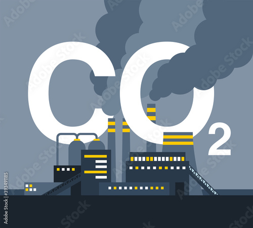 CO2 emissions in industry illustration - harmful air carbon contamination emblem with smoking pipes of factory  - isolated vector sign