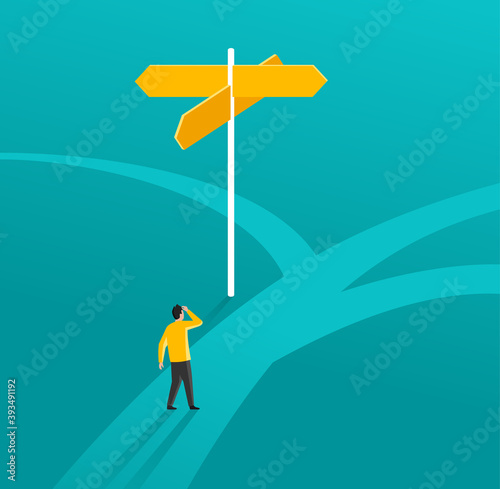 Confused man looking at a roadsign (signboard) with different directions -  difficult choice select at crossroads concept
