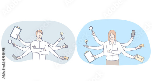 Multitasking in business and office work concept. Young smiling man and woman business people office workers standing between variety of tasks for working day and feeling confident 