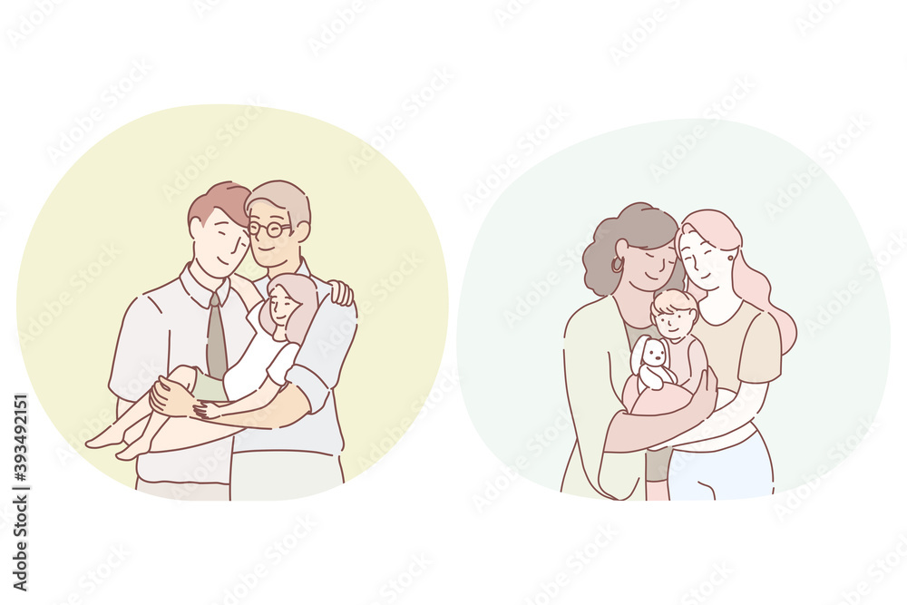 Gays and lesbian parents family adopting child concept. Young happy boys gays and girls lesbians homosexual partners standing, hugging and holding small adopted kid on hands. Lgbt, equality vector Gays and lesbian parents family adopting child concept. Young happy boys gays and girls lesbians homosexual partners standing, hugging and holding small adopted kid on hands. Lgbt, equality vector