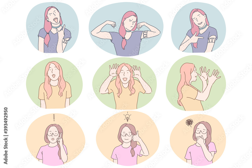 Sign language, gestures, hands and facial expression communication concept. Young girls cartoon characters showing cool strength, power, fun, having idea and showing doubt, having fun and foolish 