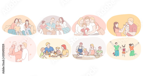 Happy family, parenthood, enjoying time with children concept. Young happy families with kids playing, walking, eating, cooking, watching movies and having fun together at home and outdoors 