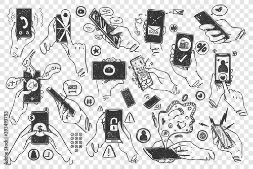 Hands with smartphones doodle set. Hand drawn human palms hold mobile phones touchscreen application on transparent background. Communication social media networking illustration for web site design.