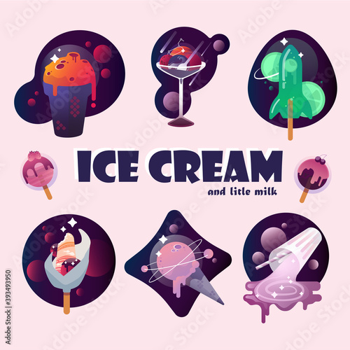 Space ice cream. Cosmic ice cream. Ice cream icons. Ice cream, Popsicle, fruit ice, cone, milk, space.