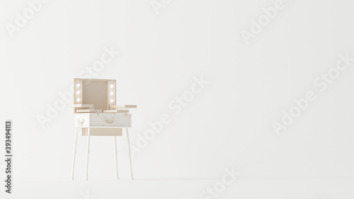 Fototapeta Naklejka Na Ścianę i Meble -  Woman's makeup shelve with mirror and light bulbs in a light beige and pastel monochrome color. Light background with space for copy. 3d render for web page, presentation, picture frame backgrounds.