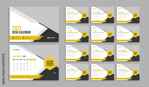 2021 calendar design. New year desk calendar template. 12 months office calendar with abstract geometric shapes. Professional corporate business calendar with company logo & holiday. 