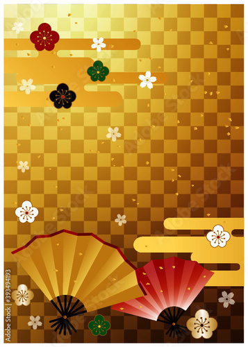 正月_扇と和柄_金格子背景