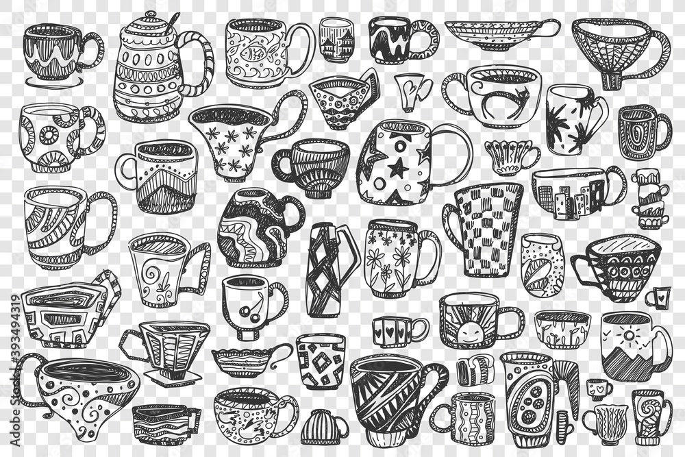 Fototapeta premium Cups doodle set. Collection of different hand drawn decorated coffee tea mugs full with beverages isolated on transparent background. Trendy crockery with handle for drink illustration. 