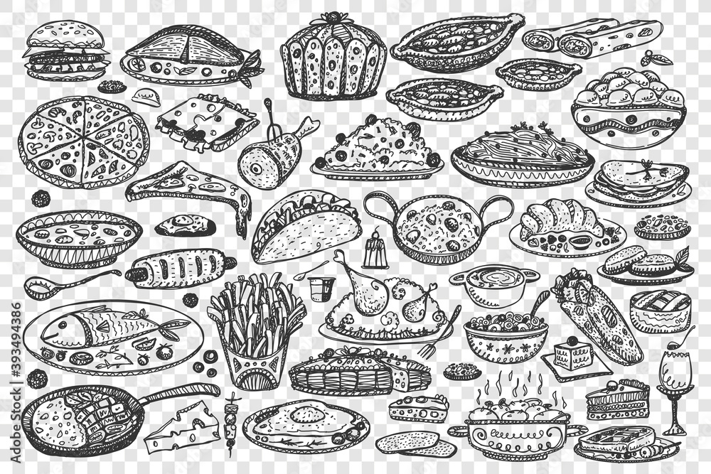 Food doodle set. Collection of hand drawn various different kind of meal dishes isolated on transparent background. Meat pizza fish and fast food hamburger or healthy vegetables fruits illustration.