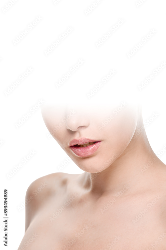 Beautiful young woman with fresh healthy facial skin with white gradient on part of the image for your text