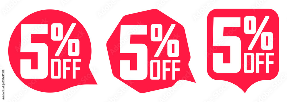 Set Sale 5% off speech bubble banners, discount tags design template, extra deals, vector illustration Set Sale 5% off speech bubble banners, discount tags design template, extra deals, vector illustration