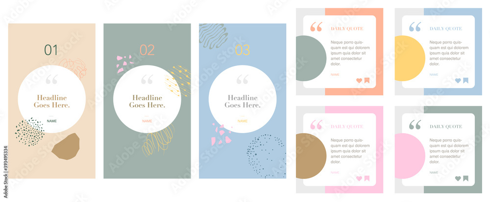 social media instagram influencer account quote story post template set of four. background graphic design elements. backdrop. motivation inspiration. trendy pattern with flowers and geometric shapes