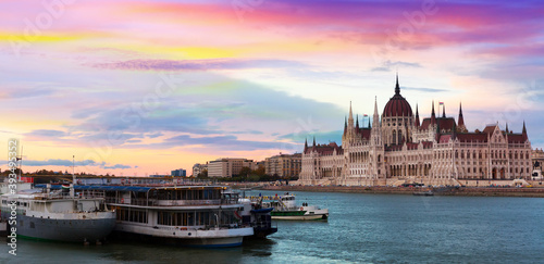 Residence of Hungary parliament on bank of Danube in Budapest at sunset © JackF