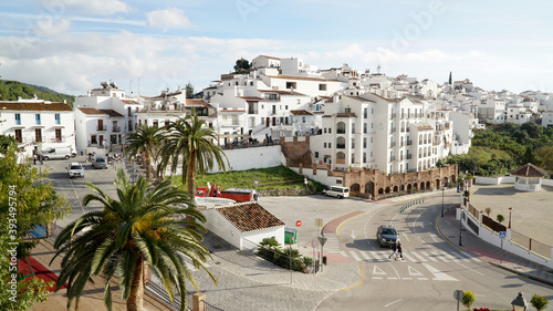 Nerja village architecture with white painted houses along the Costa del Sol in Spain.