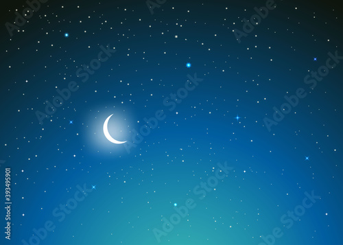starry night sky. night sky with stars and moon. paper art style. Vector of a crescent moon with stars on a cloudy night sky. Moon and stars background. Vector EPS 10.