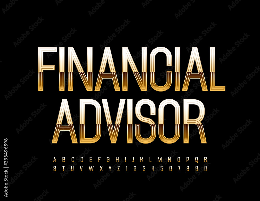 Vector business sign Financial Advisor. Gold modern font. Elegant style Alphabet Letters and Numbers
