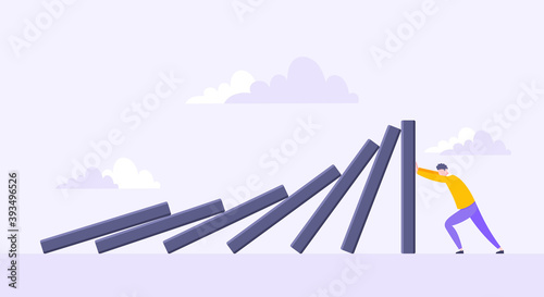 Domino effect or business resilience metaphor vector illustration. Adult young man pushing falling domino line business concept of problem solving.