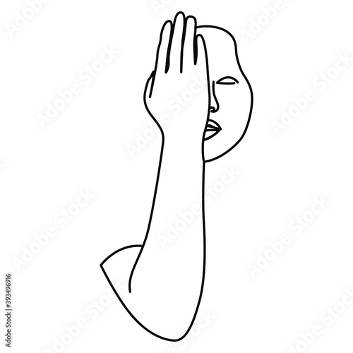 one line continuous drawing face covered with right hand