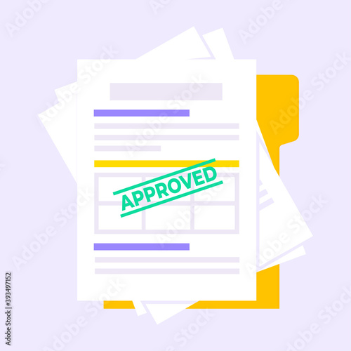 Approved credit or loan form with document file and claim form on it, paper sheets isolated on blue background flat style vector illustration. Concept of fill out online credit application form.