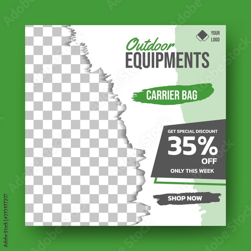 Editable square banner template. Outdoor store social media template design. Abstract shape vector design with photo collage. Usable for social media, banner and web internet ads.