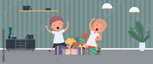 Children rejoice at gifts. Happy children, lots of gifts. Holidays concept. Vector.